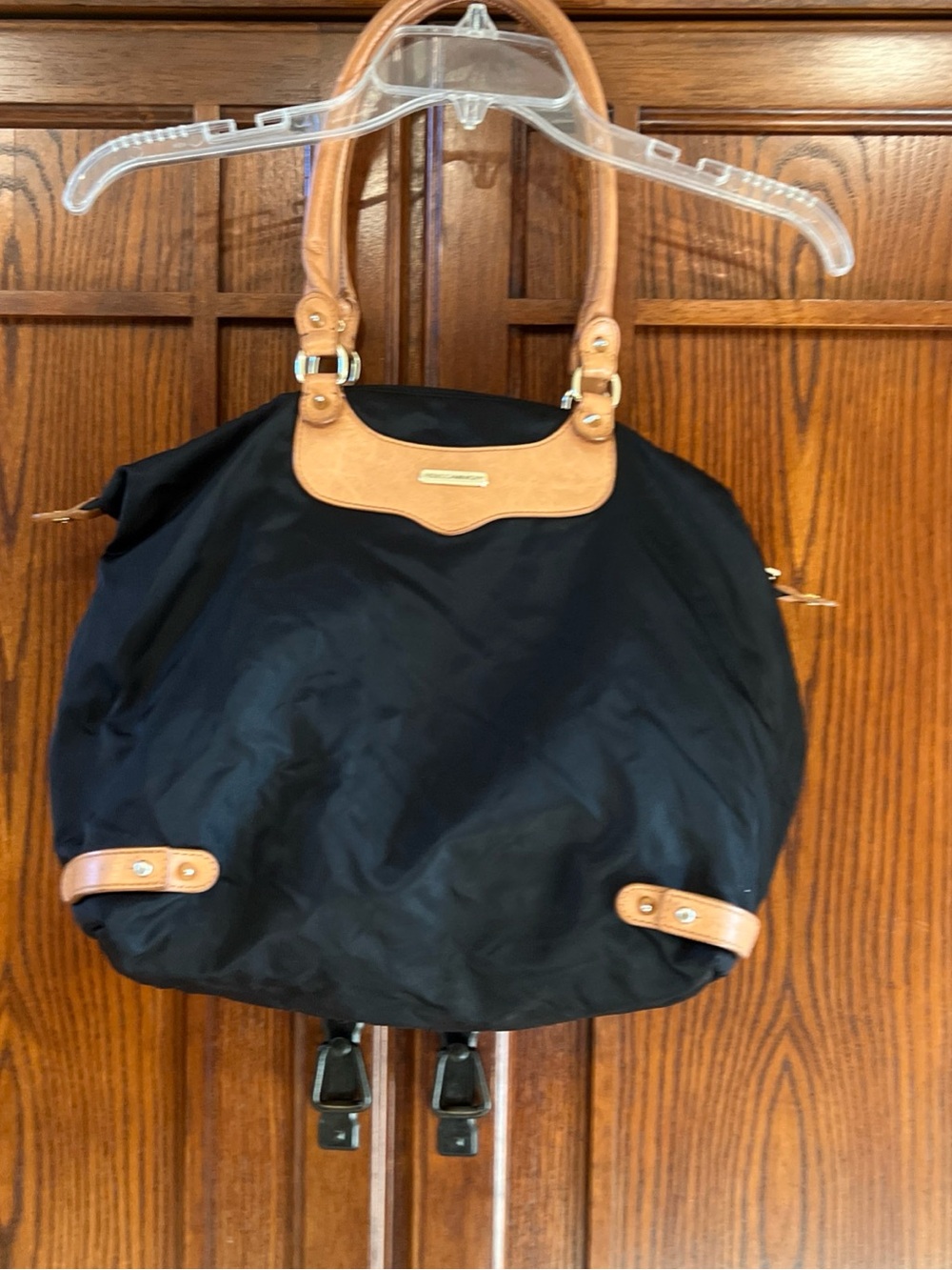 Rebecca Minkoff Black Nylon Tote Bag Studded Tan Leather Trim Shoulder Purse